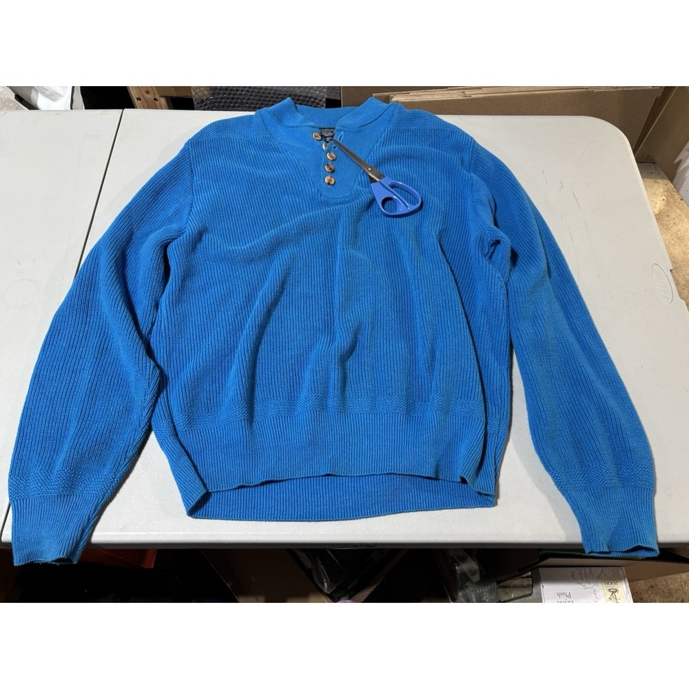 VINTAGE Lands End Bright Blue Henley Sweater mens Size XLarge Knit Cotton‎ OG